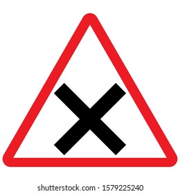 Cross road traffic warning sign vector illustration. Red triangle background.