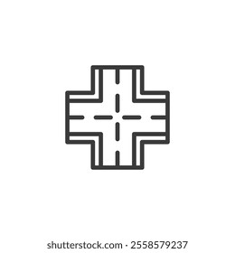 Cross roads, icon in line design. Cross roads, intersection, crossroads, path crossing, road sign, navigation path on white background vector. Cross roads, icon in line design editable stroke icon