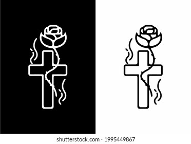 Cross with rose black and white line art design