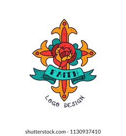 Cross, rose flower, ribbon and word Faith, classic American old school tattoo logo design vector Illustration on a white background