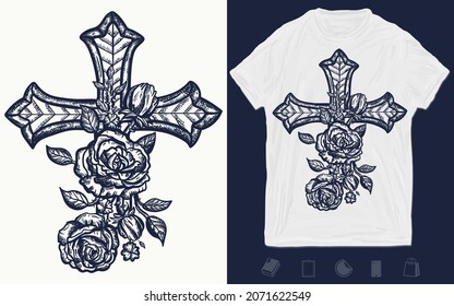 Cross and roses. Black and white creative print for clothes. Old school tattoo vector art. T-shirt design. Esoteric gothic medieval symbol of christianity, life and death, paradise and hell