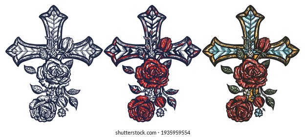 Cross and roses. Old school tattoo vector art. Hand drawn set. Isolated on white. Traditional tattooing style.  Esoteric gothic medieval symbol of christianity,  life and death, paradise and hell 