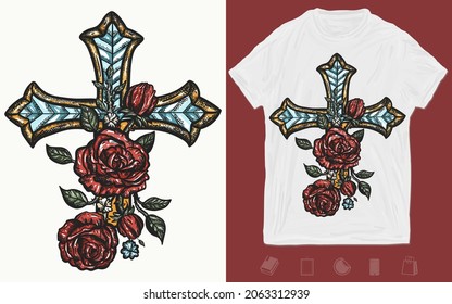 Cruce y rosas. Arte vectorial del tatuaje de la vieja escuela. Diseño de camisetas. Impresión creativa para la ropa. Esotérico símbolo medieval gótico de la cristiandad, la vida y la muerte, el paraíso y el infierno