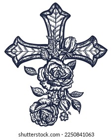 Cross   roses  Old school tattoo vector art  Esoteric gothic medieval symbol christianity  life   death  paradise   hell  Hand drawn graphic  Isolated white  Traditional flash tattooing