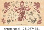 Cross and roses, pigeons, hands in prayer. Old paper vector. Esoteric gothic medieval symbol of christianity, life and death, beliefs. Cover page template. Art background. Manuscript style