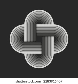 Cross rounded shape logo or plus sign made of gradient gray interlaced stripes with layered effect creative pattern symbol.