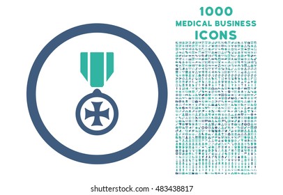 Cross rounded vector bicolor icon with 1000 medical business icons. Set style is flat pictograms, cobalt and cyan colors, white background.