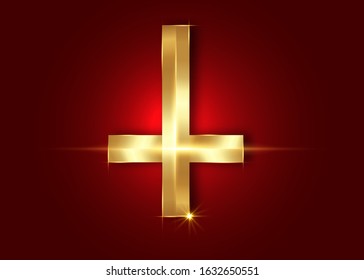 The Cross of Saint Peter or Petrine Golden Cross is an inverted Latin cross traditionally used as a Christian symbol, but in recent times also used as an anti-Christian symbol. Vector isolated on red 