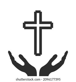 Cross and saving hands. Flat isolated Christian vector illustration, biblical background.