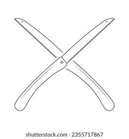 Kreuzsäge, Umrisslinie, Vektorgrafik, Umrissspur, Hardware-Umriss, Die gesägte Linie, Arbeitselemente, Arbeitsmittel, Reparaturwerkzeuge, Forstwerkzeuge, Holzfäller, Holzfäller, Tischlerwerkzeug