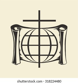 Cross, scroll, globe, international, worldly, christianity, missionary, icon