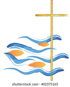 Cross in a sea with fish swimming towards it. Symbol of Jesus Christ and Christianity. Christian abstract artistic color vector illustration.