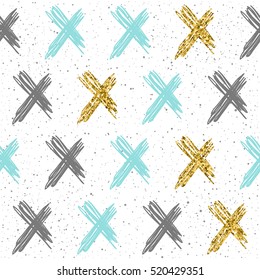 Cross seamless background. Grey, blue and gold cross. Abstract seamless pattern for xmas card, book, christmas banner, diary,menu cover, t-shirt, album, textile fabric, garment etc. Golden texture
