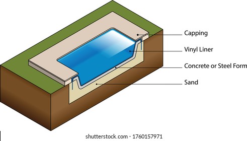 Cross Section Of A Backyard Swimming Pool Construction - Vinyl Liner In A Steel Form.