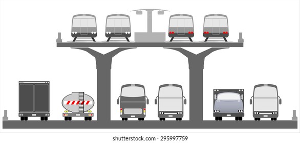 Cross section of city road, Upper for railway, and ground for road transport.