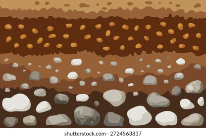 Sección transversal de las capas de tierra que muestran el suelo y las rocas en tonos marrones y grises