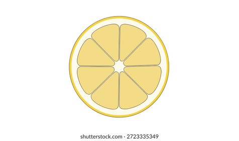 A seção transversal de um limão fresco revela os segmentos suculentos e a crosta amarela brilhante em uma arte de ilustração circular limpa e mínima.