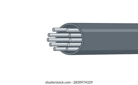 Cross section of a gray industrial cable revealing multiple internal wires organized inside a protective circular outer casing for engineering.