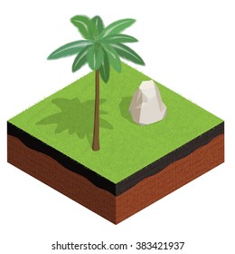 cross section of ground with grass, palm, stone. 3d isometric style. Vector illustration.