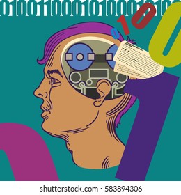 Cross section of a mans brain with old computer tape reels in place of his brain, old fashioned computer program cards changing into 1's  and 0's.
