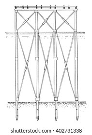 Cross section of the pier Cotonou, vintage engraved illustration. Industrial encyclopedia E.-O. Lami - 1875.
