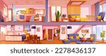 Cross section plan of cartoon house interior design. Vector illustration of cozy two floor apartment with hallway, living room, kitchen, bedroom and bathroom with furniture, equipment and home decor