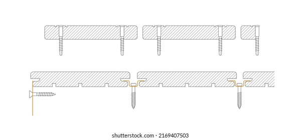 Cross section of screws screwed into a wood. Sketch technical vector illustration.