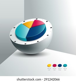 Cross Section Of Silver Sphere Ball With 3D Pie Circle Chart In The Middle. Option Template. Infographic.