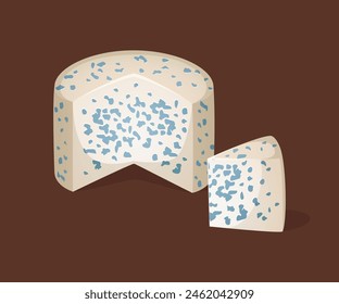 Cross section of soft cheese on a brown background. Vector illustration. Blue cheese in a realistic style. Ideal for posters and banner, menu of cafe and shops