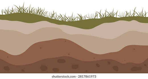 Cross section of soil layers illustration with green grass on top. Detailed underground ground layer showing topsoil, subsoil, clay, and underground rock in flat design style