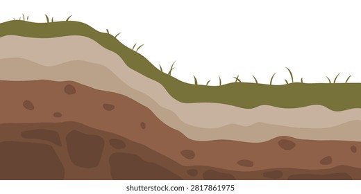 Cross section of soil layers illustration with green grass on top. Detailed underground ground layer showing topsoil, subsoil, clay, and underground rock in flat design style