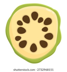Cross section of a soursop fruit highlighting its seeds, flesh, and rind
