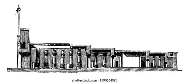 Cross Section of the Temple of Khonsu, Egyptian architecture, karnack, new kingdom temple, precinct of amun-re, temple of chensu, vintage line drawing or engraving illustration.