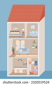 Cross section of a three-story house. The interior of each room. flat design style vector illustration.