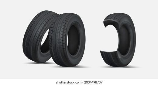 Cross section of the tire. Collection of highly detailed tires. Set of 3 wheels.