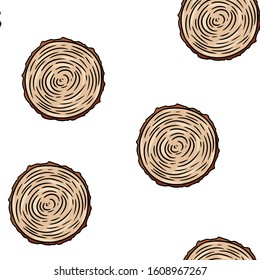 Cross section of tree stump doodles seamless pattern. Wooden cut section doodle. Cartoon comic style template background tile