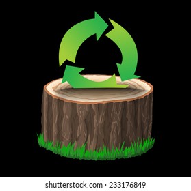 Cross section of tree stump with recycle symbol, concept vector illustration, isolated on black background