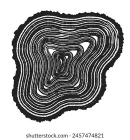 Cross section of tree stump slice with age rings. Black and white grunge wooden texture with concentric rings. Tree ring pattern isolated on white background. Wood grain
