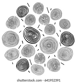 Cross section of tree. Wooden rings. Set of abstract isolated design elements. Hand drawn vector black and white illustrations. Cartoon, doodle. Structure of wood.