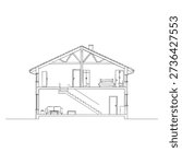 Cross section of a two story house with attic and staircase architectural two story