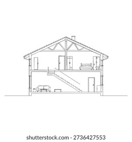 Cross section of a two story house with attic and staircase architectural two story