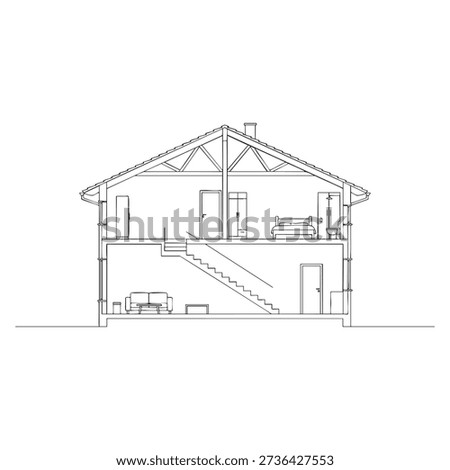 Cross section of a two story house with attic and staircase architectural two story
