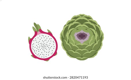 Cross section of vibrant dragon fruit paired with a fresh green artichoke head.