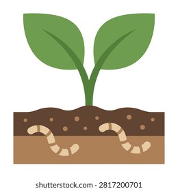 A cross section view of fertile soil with a small green plant sprout growing above and earthworms burrowing underground. Ideal for agriculture and ecology themes.