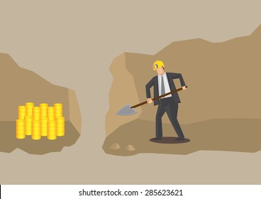 Cross section view of underground mine where cartoon businessman dig with shovel and very near to success with gold mine in adjacent tunnel. Conceptual vector illustration for gold digger metaphor.