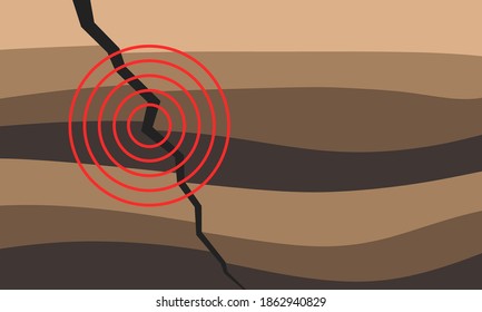 Cross sectional view of earthquake in layered rock. Hypocenter at fault crack. Geological disaster.