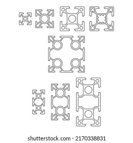 Cross sections of extruded aluminium or aluminum profile, icon, illustration on white background