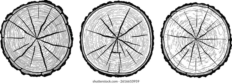 Cross sections of tree growth rings. Set of tree stumps isolated.