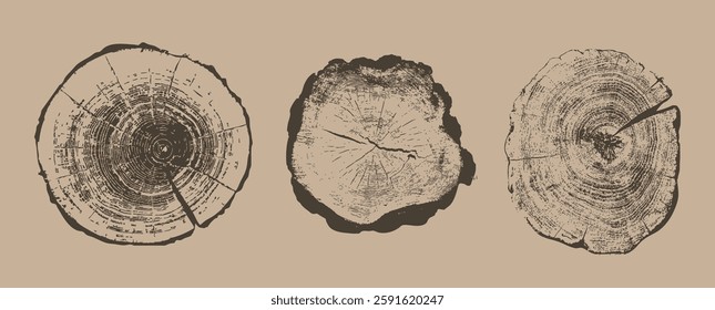 Cross sections of tree rings. Collection of tree stumps isolated. Slices of tree with growth rings, slabs of tree trunk. Natural cut wood. Ring pattern, wood texture. Vector design background elements