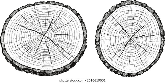 Cross sections of tree rings. Collection of tree stumps isolated.